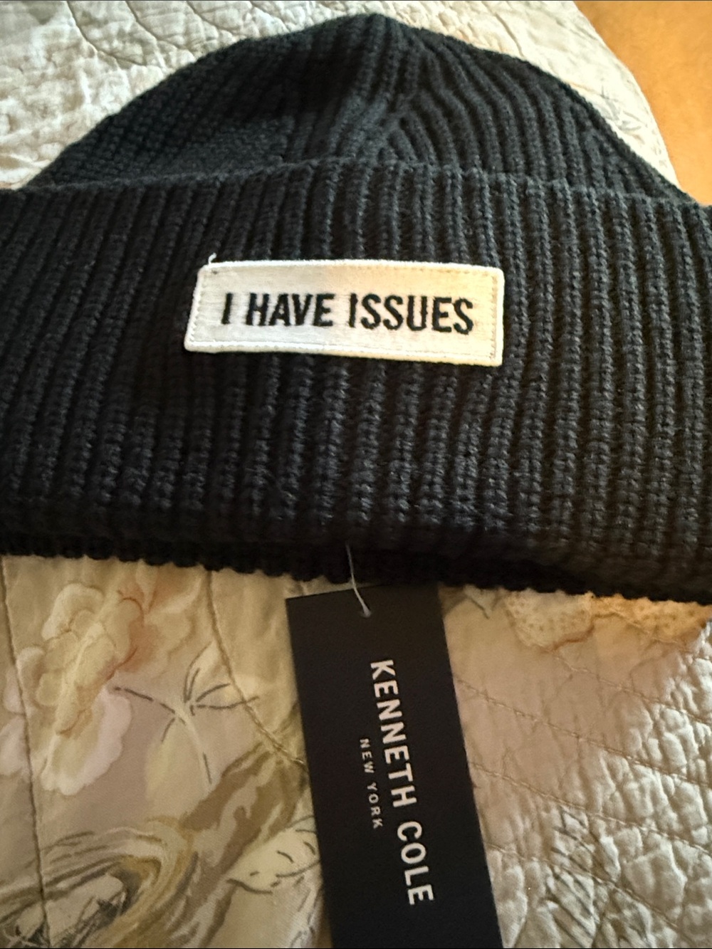 Kenneth Cole Black Knit Beanie with 'I HAVE ISSUES' Patch